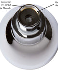 Bottom view of Beast Mode Water Pressure Shower Head With 3 Inch Spray Face Wall Mount Water Saving Low Flow Design Anti Clog Nozzles Adjustable Brass Fitting 2.5 GPM Polished Chrome Ideal For Apartments Small Bathrooms And RVs showing brass connector and rubber gasket