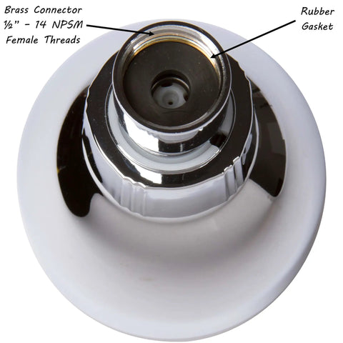 Bottom view of Beast Mode Water Pressure Shower Head With 3 Inch Spray Face Wall Mount Water Saving Low Flow Design Anti Clog Nozzles Adjustable Brass Fitting 2.5 GPM Polished Chrome Ideal For Apartments Small Bathrooms And RVs showing brass connector and rubber gasket