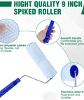 Close-up of a 9 Inch Spiked Screed Roller for Epoxy Flooring highlighting features like 13 mm spike height and smooth handle.