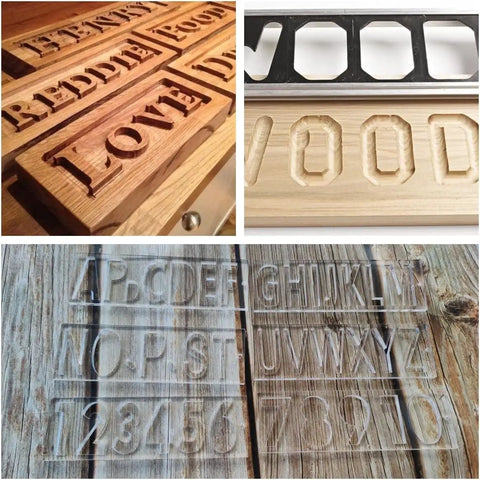 Premium Uppercase Letter Template Routing Guide With Rock Solid Acrylic Stencil For Woodworking And Sign Making Plus Dope Diy Craft Projects Featuring Killer Engraving Precision That Works Smoothly With Standard Quarter Inch Router Bits showing wooden signs and acrylic letter stencils.