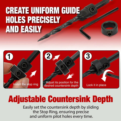 Diagram showing installation and adjustment of an Eight Piece Countersink Drill Bit Set with M2 HSS Tapered Bits, depth stop rings.