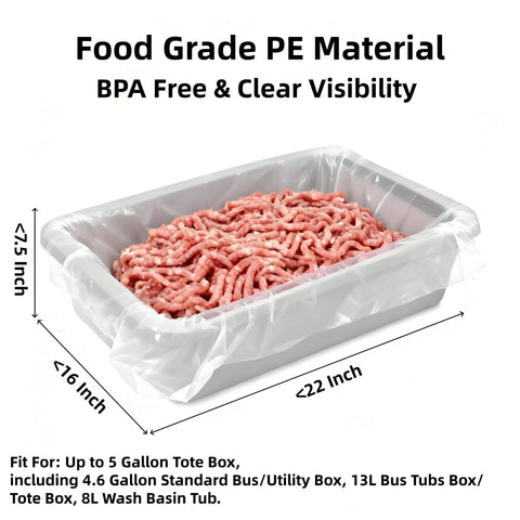 12 Pack Meat Lug Liners Disposable LDPE Bags For 4.6 To 7 Gallon Totes And 50 Pound Boxes, clear liner in container with ground meat