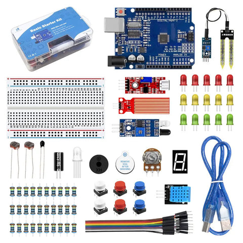 Beginner Arduino Starter Kit With R3 CH340 Board, 400 Point Breadboard, DHT11 Sensor, Soil Moisture Sensor, LEDs, And Retail Box