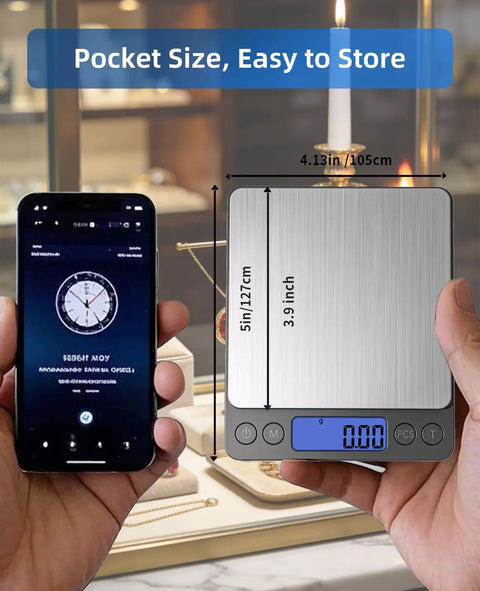 Digital Gram Scale 0.01g Precision Pocket Sized Kitchen Jewelry Scale 0.3g To 500g For Gold Coins Coffee Powder With 9 Units 2 Trays And 2 AAA Batteries Black Design next to smartphone for size comparison.