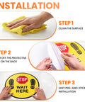 Five Pack Stop Here Floor Signs 18 Inch Round Vinyl Anti Slip High Visibility Stickers For Quick Queue Control And Social Distancing In Busy Places No Fuss installation steps