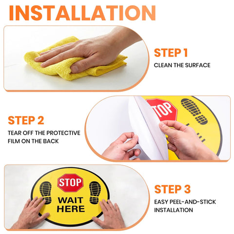 Five Pack Stop Here Floor Signs 18 Inch Round Vinyl Anti Slip High Visibility Stickers For Quick Queue Control And Social Distancing In Busy Places No Fuss installation steps