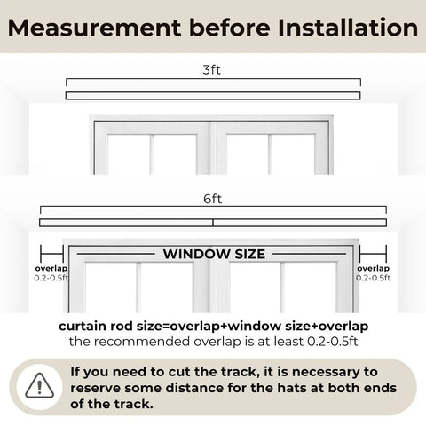 Heavy Duty Ceiling And Wall Mounted Curtain Track Rail System With Roller Hooks For Drapes, White Aluminum Alloy, 3 Ft To 6 Ft Adjustable Length, Room Divider Setup, Easy Install, DIY Friendly measurement guide with 3ft and 6ft window overlap