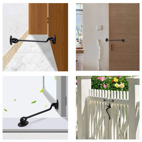 2 Pack 8 Inch Stainless Barn Door Hook And Eye Latch Lock for cabin, garage, shed, gates, installed on various doors.