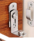 Stainless Steel Barn Bolt Spring Latch Right Angle Sliding Gate Cabinet mounted on wooden surface, showing durable design.