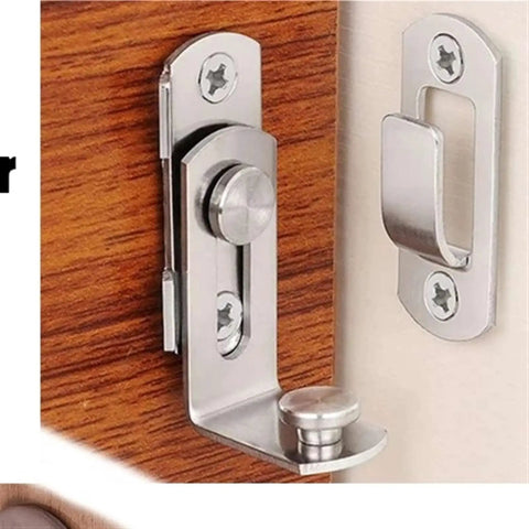 Stainless Steel Barn Bolt Spring Latch Right Angle Sliding Gate Cabinet mounted on wooden surface, showing durable design.