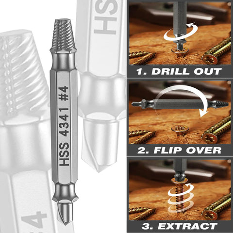 Close-up of Six Piece Damaged Screw Extractor Set With Case, showing HSS 4341 drill tool and extraction steps for broken screws.