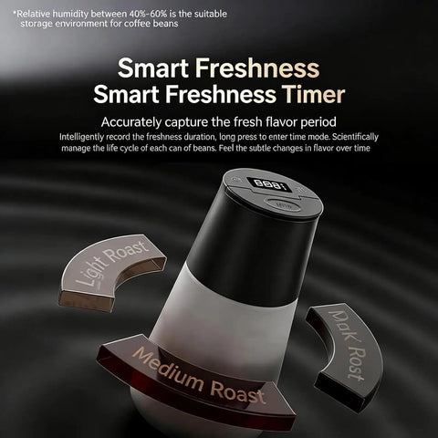 Digital vacuum coffee bean storage container with freshness timer and roasting level indicators for optimal flavor preservation.