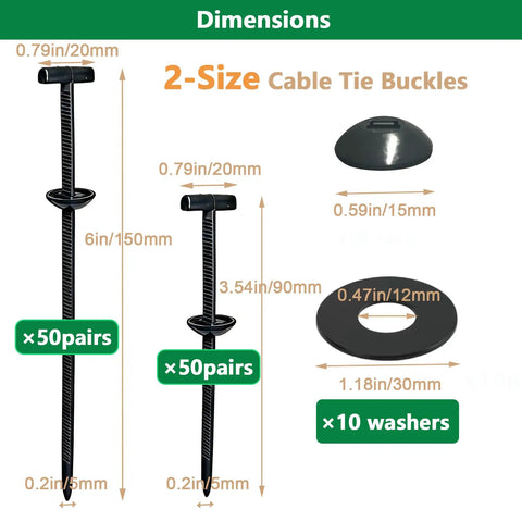 Universal Cable Tie Buckle Kit With 3.54 Inch And 6 Inch Zip Tie Clips And Zipper Clips Snap On Fasteners With Washers