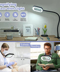 10X Rectangular Glass Magnifier Lamp With Light And Stand Three In One LED Reading Magnifier For Reading Crafting And Detail Work 24 Inch Flexible Gooseneck Floor Light showing three usage scenarios on desk, esthetician, and reading.