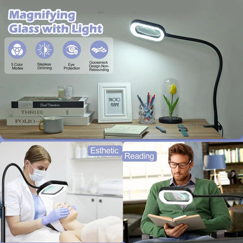 10X Rectangular Glass Magnifier Lamp With Light And Stand Three In One LED Reading Magnifier For Reading Crafting And Detail Work 24 Inch Flexible Gooseneck Floor Light showing three usage scenarios on desk, esthetician, and reading.