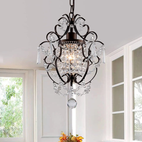 Modern Mini Crystal Chandelier With Iron Bronze Finish Ceiling Mount 1 Light Lighting Fixture hanging in bright room