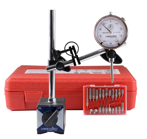 Heavy Duty 110 Lb Magnetic Base With Fine Adjustment, 0 To 1 Inch Dial Indicator 0.001 Inch Resolution, Includes 22 Piece Indicator Point Kit For Precision Machining And Inspection set displayed with case and attachments