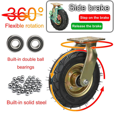 Heavy Duty Rubber Caster Wheels 8 Or 10 Inch Shock Absorbing Pneumatic Tires with side brake for utility carts.