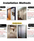 Installation methods for Beefy Aluminum Sliding Door Track Kit, showing single, double, wall side and wall center door applications.