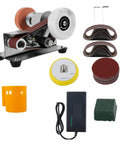 Ultra Compact Mini Electric Belt Sander With Grinder Set accessories including sanding belts, polishing wheel, and power adapter.