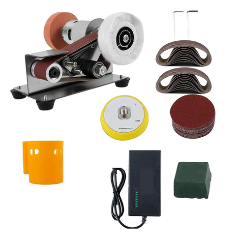 Ultra Compact Mini Electric Belt Sander With Grinder Set accessories including sanding belts, polishing wheel, and power adapter.