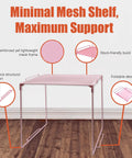 Heavy Duty Metal Mesh Organizer Shelf Stackable Locker Insert Fits Standard School Gym Lockers shown with foldable design and light pink color.