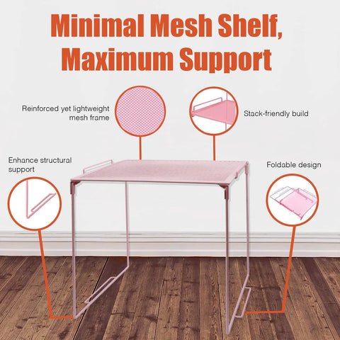 Heavy Duty Metal Mesh Organizer Shelf Stackable Locker Insert Fits Standard School Gym Lockers shown with foldable design and light pink color.