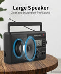 Go-To Portable AM FM SW Radio With AC DC Power ATS Auto Scan LCD Clock Display USB And SD Card MP3 Player on wood table