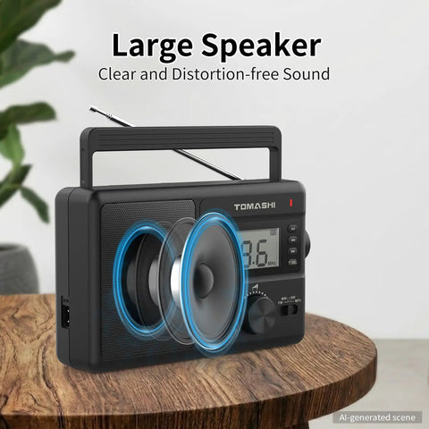 Go-To Portable AM FM SW Radio With AC DC Power ATS Auto Scan LCD Clock Display USB And SD Card MP3 Player on wood table