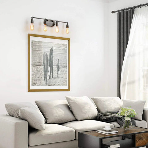 Living room with Dope Industrial Water Pipe Vanity Light 4 Head Wall Lamp Dark Silver Finish above framed photo and beige sofa.