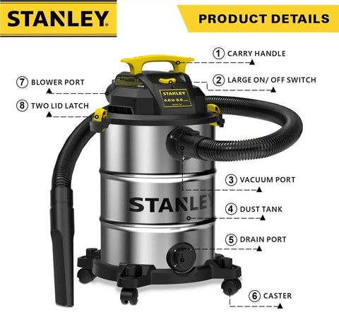 Detailed view of an 8 Gallon Wet Dry Vacuum with 4 HP Peak Motor, heavy duty shop vac showing all parts and attachments with labels.