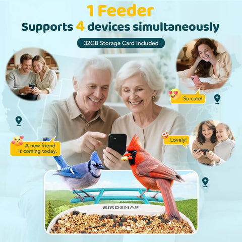 Elderly couple viewing birds on phone, using 2K HD Bird Feeder Camera With Solar Power And 32GB Card Auto Detect And Notify AI ID 155