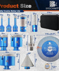 Tile hole saw kit with blue BRSCHNITT diamond core drill bits, finger and chamfer bits, diamond blade, and case.