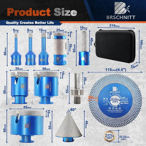 Tile hole saw kit with blue BRSCHNITT diamond core drill bits, finger and chamfer bits, diamond blade, and case.
