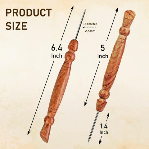 Size details of Go-To Stiletto and Pressing Tool for Quilting and Sewing with 6.4 inch wooden handle and 1.5 inch steel tip