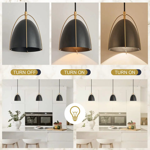 Dope Black Dome Pendant Light With Gold Trim For Kitchen Island And Dining Room Modern Hanging Fixture in off and on states