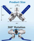 Heavy Duty 2 Way Garden Hose Splitter With Full Flow Y Valve And Long Handle, 304 Stainless Steel Lead Free 3/4 GHT Thread Water Splitter For Outdoor Hoses, Maximum Flow And Durable Build, product size diagram and 360 rotation