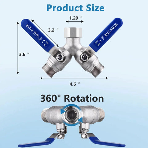 Heavy Duty 2 Way Garden Hose Splitter With Full Flow Y Valve And Long Handle, 304 Stainless Steel Lead Free 3/4 GHT Thread Water Splitter For Outdoor Hoses, Maximum Flow And Durable Build, product size diagram and 360 rotation