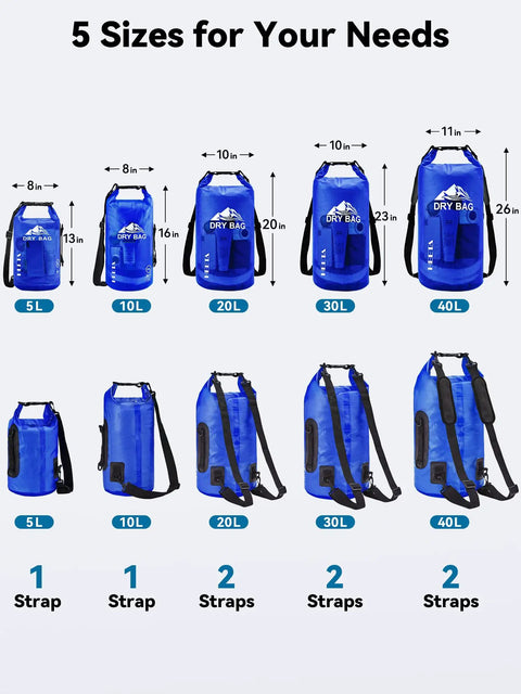 5 blue waterproof roll-top dry bags in different sizes with straps; 30L includes waterproof roll top dry bag for travel and water sports 30L with phone case included lightweight backpack for kayaking boating camping beach gear navy blue.