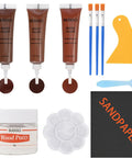 Top Shelf Wood Filler Repair Kit With Durable Putty To Easily Patch Up Deep Scratches Cracks And Dents On Beat Up Furniture Sweet Finish Pro Fix Set containing wood filler tubes, putty, and tools.