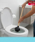 Person using Beefy Heavy Duty Toilet Plunger With Solid Wood Handle And Double Thrust Rubber Cup 22 Inch on toilet