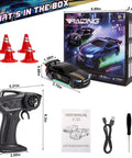 Mini RC Drift Car One Sixty Fourth Scale With LED Lights And Dual Speed Modes Two Point Four GHz Micro Remote Control box contents