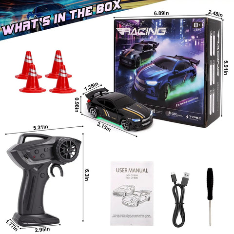 Mini RC Drift Car One Sixty Fourth Scale With LED Lights And Dual Speed Modes Two Point Four GHz Micro Remote Control box contents