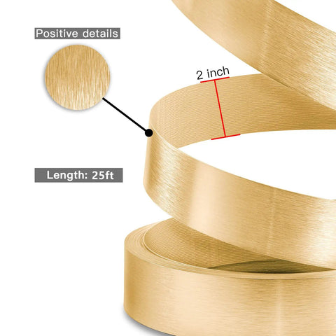 Close-up of gold edge banding 2 inch by 25 foot brushed aluminum edge trim for cabinets and furniture repair and restoration.