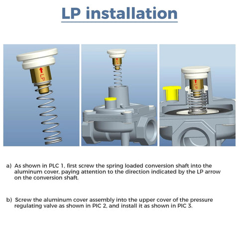 Gas pressure regulator with 1/2 in NPT adapters; installation diagram showing spring and aluminum cover.