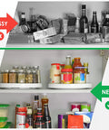 Comparison of messy and organized pantry with 12 Inch Non Skid Turntable Lazy Susan Organizer 4 Pack For Cabinet Storage.