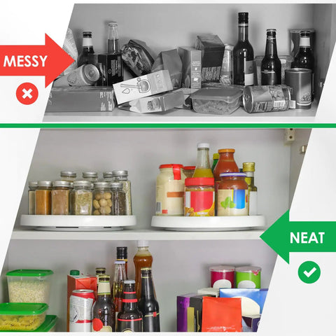 Comparison of messy and organized pantry with 12 Inch Non Skid Turntable Lazy Susan Organizer 4 Pack For Cabinet Storage.