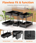 Three Pack Under Sink Organizers With Smooth Sliding Drawers And Heavy Duty Mesh Bins, Adjustable Kitchen Cabinet Storage Rack For Quick Access, showcasing pull-out drawers and hooks.