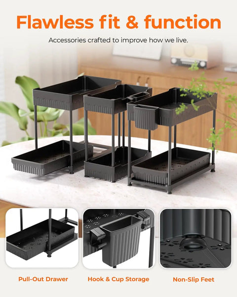 Three Pack Under Sink Organizers With Smooth Sliding Drawers And Heavy Duty Mesh Bins, Adjustable Kitchen Cabinet Storage Rack For Quick Access, showcasing pull-out drawers and hooks.