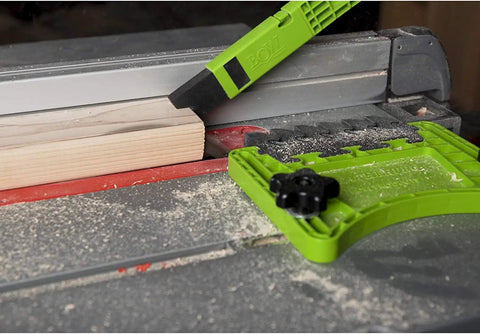 Mini PushPRO PP2 Push Stick For Table Saws With EVA Tip For Superior Grip in use on a wood piece on a table saw, showing precise cut.